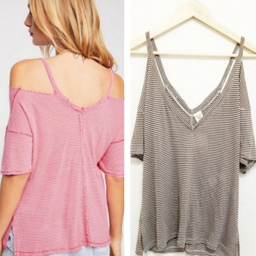 We the Free Green Striped Cut Open Shoulder Dsitressed Rayon Linen Women XS
